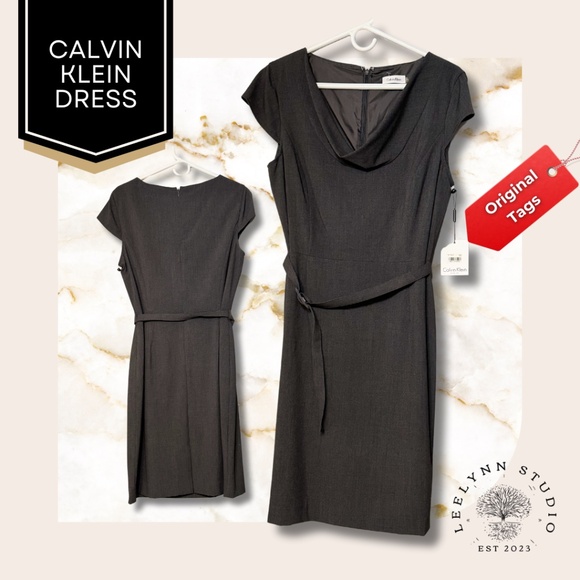 CALVIN KLEIN GRAY WOVEN CAP SLEEVE BELTED DRESS SIZE 12 w/ ORIGINAL TAGS - Picture 1 of 14